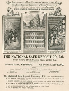 Advertisement for The National Safe Deposit Company, 1 Queen Victoria Street, Mansion House, London