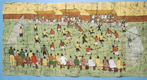 African batik illustrating a football match with crowds watching in the stands