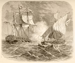 An American Navy ship captures an Algerian pirate ship off the Barbary Coast during the First Barbary War by English School