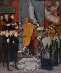 An Anti-Catholic Allegory with Portraits of Stephen Gardiner, The Bishop of Winchester and Bishops Bonner and Tunstall as Wolves, and with the Bodies of Hooper, Cranmer, Goodrich, Ridley Latimer and Rogers as Lambs by English School
