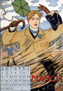 An elegant man struggling with the wind - English calendar image, March, late 19th century