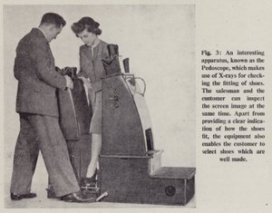 An interesting apparatus, known as the Pedoscope, which makes use of X-rays for checking the fitting of shoes (litho) by English School