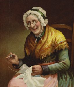 An old woman sewing for the poor