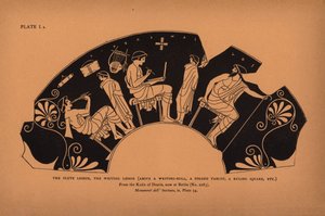 Ancient Greek Education: The flute lesson, the writing lesson, above a writing-roll, a folded tablet, a ruling square