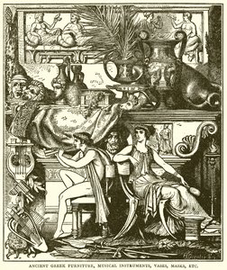 Ancient Greek Furniture, Musical Instruments, Vases, Masks, Etc. by English School