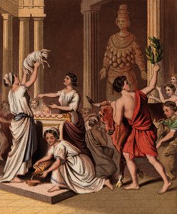 Ancient Greeks with their animals at a temple by English School
