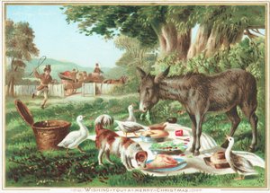 Animals eating the picnic by English School