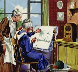 Anna Moses took up sewing pictures in brightly colored wool by English School