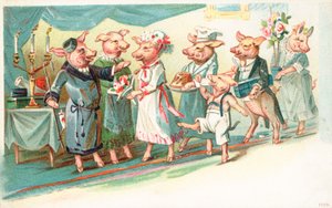Anthropomorphic pigs being greeted as they arrive at a party
