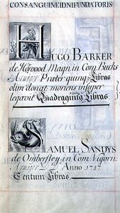 Page listing two benefactors of New College, Oxford; Hugo Barker and Samuel Sandys, from a Benefaction Book