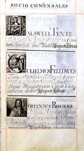 Page listing three benefactors of New College, Oxford; Halswell Tynte, Gulielmus Fellowes and Johannes Rogers, from a Benefaction Book by English School