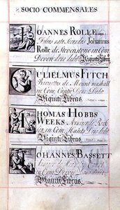 Page listing four benefactors of New College, Oxford; Joannes Rolle, Gulielmus Fitch, Thomas Hobbs Weeks and Johannes Bassett, from a Benefaction Book by English School