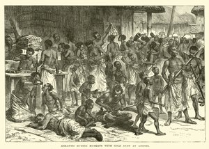 Ashantis buying muskets with gold dust at Assinie by English School