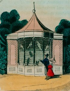 Aviary for parrots and cockatoos at the London zoo. 1840s by English School
