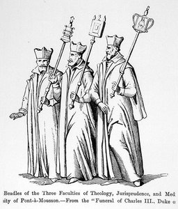 Beadles of the Three Faculties of Theology, Jurisprudence and Medicine (illustration from Science and Literature in the Middle Ages and the Renaissance) by English School