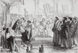 Beza presenting the Confession of the French Protestant Church to the King at the Colloquy of Poissy
