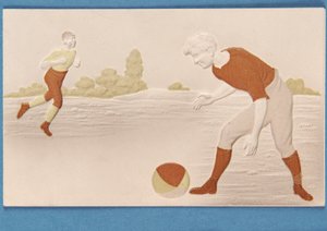 Blank card in relief depicting two footballers, c.1880s by English School