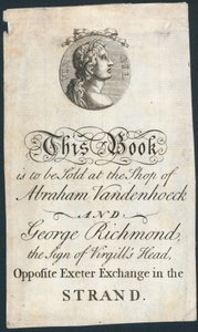 Book Plate, This Book is to be Sold at the Shop of Abraham Vandenhoeck and George Richmond