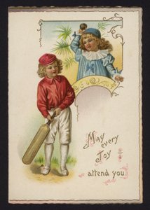 Boy and Girl Playing Cricket, Greetings Card, Late 19th or Early 20th Century by English School