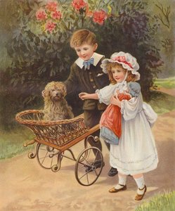 Boy and Girl Pushing Their Pet Dog in a Cart by English School