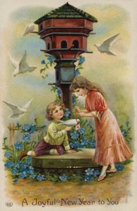 Boy and Girl Sending Christmas Greetings by Dove