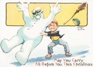 Boy pushing Snowman on ice