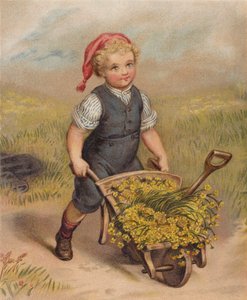 Boy Pushing a Wheelbarrow Full of Flowers by English School