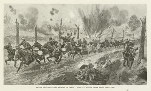 British Field Artillery Bringing up Their Guns at a Gallop under Heavy Shell Fire, World War I