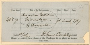 British Museum, Book Order Slip, 23 November [18?]47 by English School
