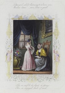 Valentine card with an image of a young woman standing before an elderly woman