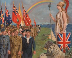 British and Empire Military Personnel and Civilians Involved in the War Effort Parading Before Britannia by English School
