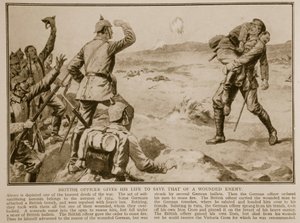 British officer gives his life to save that of a wounded enemy by English School