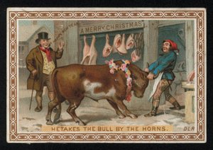 Butcher Pulling a Bull into His Shop, Christmas Greetings Card