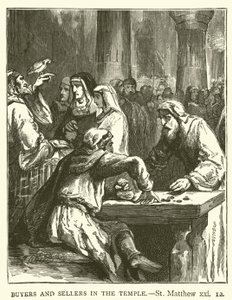 Buyers and sellers in the temple, St Matthew, xxi by English School