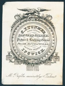 C F Tunmer, carver and gilder, picture and looking glass frame manufacturer, trade card by English School