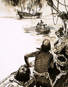 Captain Juan Sebastian del Cano burns one of his ships by English School