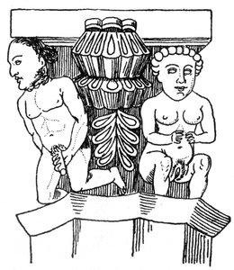 Carved figures of a man and woman displaying their genitals from the capital of a column in a church at Egra by English School