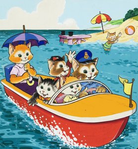 Cat Family in Motorboat by English School