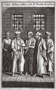 Certain Bishops talking with Mr. Bradford in prison, illustration from Foxe