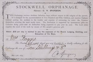 Certificate of thanks for a donation to the Stockwell Orphanage, London, 1874