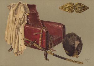 Chair and cloak of Field-Marshal the Duke of Wellington, with bearskin and sword of the Grenadier Guards by English School