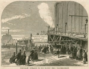 Charing Cross Station, London: The temporary entrance to the station from Villiers Street by English School