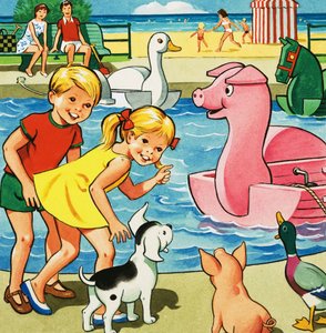 Children and Farmyard Animals Beside Pedalo Pond