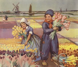 Children picking tulips in Holland