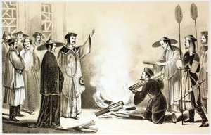 Chinese official presiding over the burning of objects, possibly books by English School