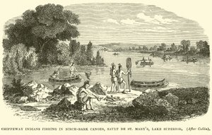 Chippeway Indians fishing in Birch-bark Canoes, Sault de St Marys, Lake Superior by English School