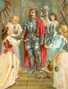 Christian in the Armoury receiving his weapons from Discretion, Piety, Charity and Prudence