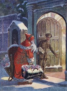 Christmas advertisement showing Santa Claus bringing gifts for WW1 soldiers from Dickins and Jones department store by English School