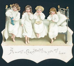 Christmas Card, Children on Bed with Their Stockings by English School