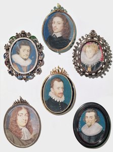Collection of miniatures, LtoR, top row: Frederich V (1596-1632) Elector Palatine, King of Bohemia by English School